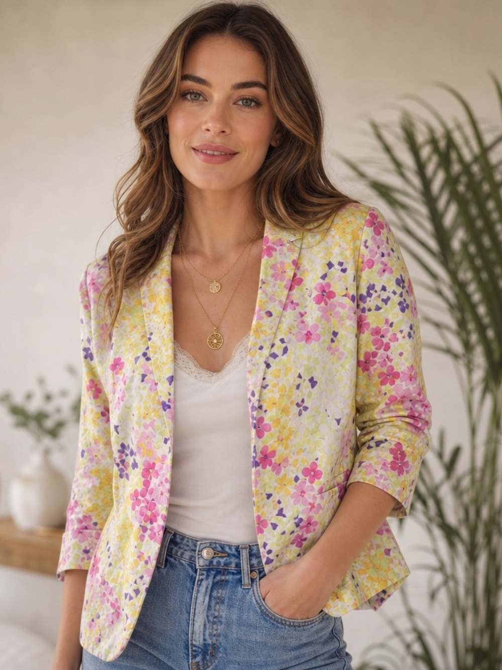 Erin London stretch floral open front blazer cotton blends Sz M vintage Spring